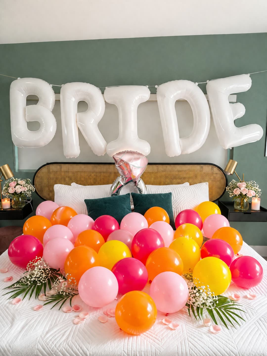 Bedroom at the 5BR villa styled for a bachelorette with a giant BRIDE foil balloon banner over the bed and cascading pink, orange, and yellow balloons